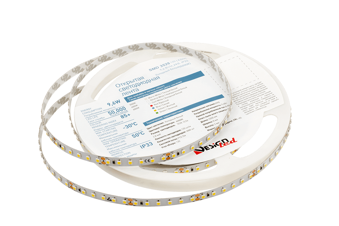 Лента светодиодная LUX3528 120LED/м 9,6Вт/м 24В IP33 Цвет:Холодный белый (6000K) (1метр) SWG